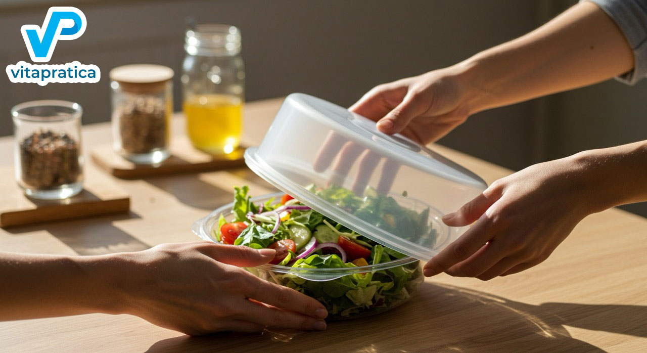 Fotografia di lifestyle, luminosa e pulita. Primo piano di mani che coprono una ciotola di insalata fresca e colorata con un coperchio estensibile in silicone trasparente. Sul tavolo di legno chiaro, si vedono sullo sfondo anche un involucro in cera d'api e un contenitore in vetro. Luce naturale e morbida. L'atmosfera è moderna, sana e pratica. Stile fotorealistico, con spazio vuoto a sinistra per eventuale testo.