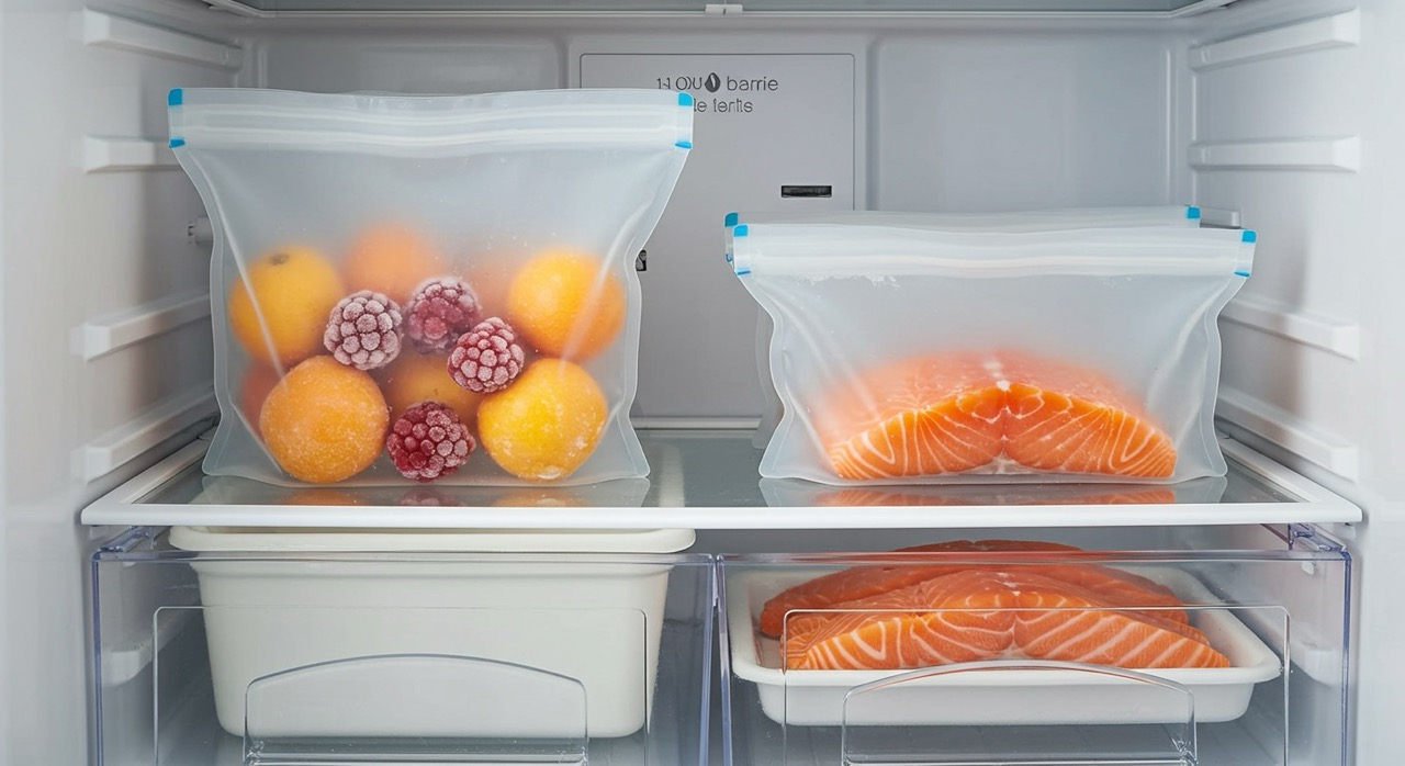 Scena organizzata all'interno di un frigorifero o di un freezer. In primo piano, due sacchetti riutilizzabili in silicone traslucido. Uno è pieno di fragole congelate e sta in piedi da solo. L'altro è steso e contiene dei tranci di salmone. Lo stile è pulito, ordinato e moderno, trasmettendo un senso di efficienza e freschezza.