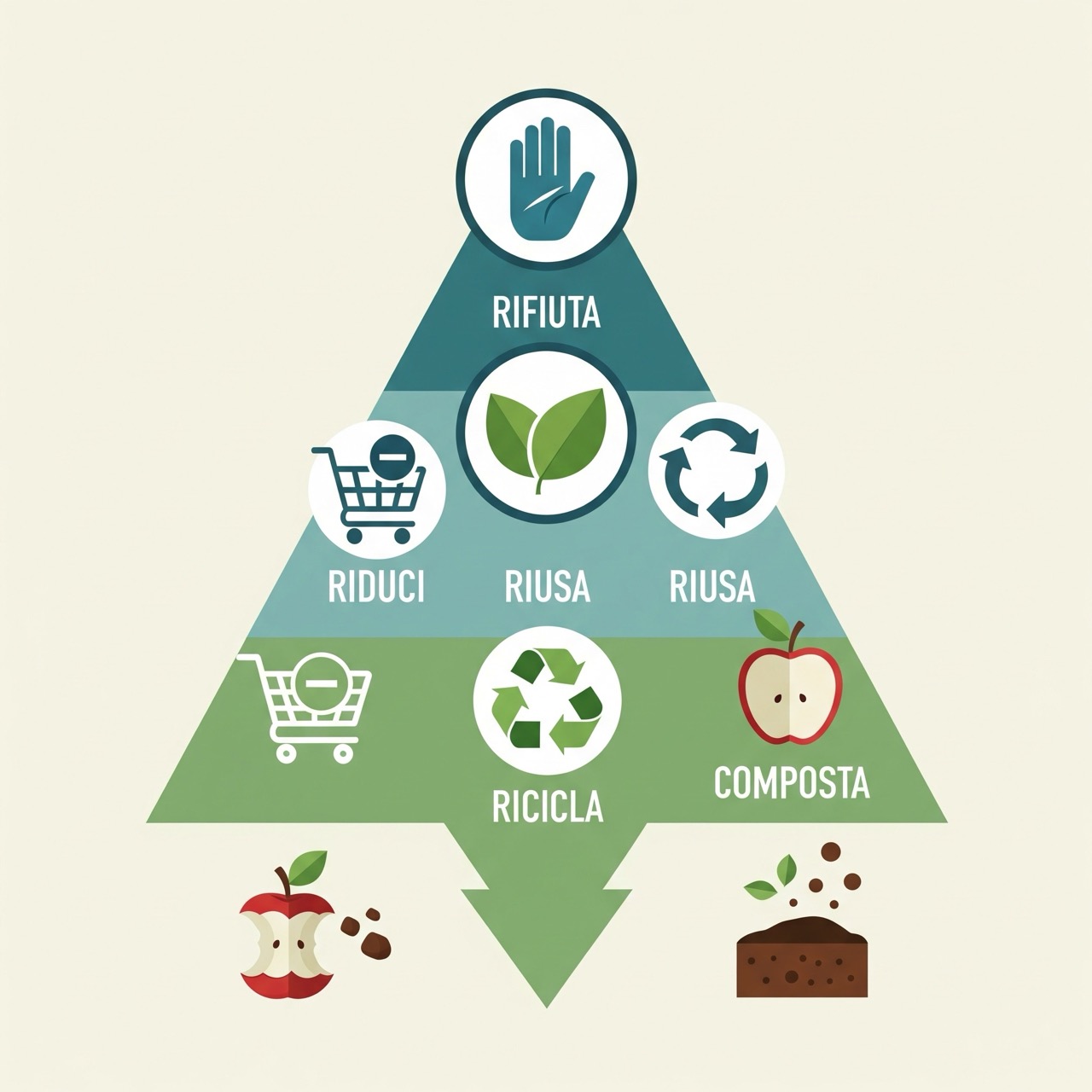 Infografica della piramide rovesciata delle 5 R per uno stile di vita a rifiuti zero: Rifiuta, Riduci, Riusa, Ricicla, Composta.