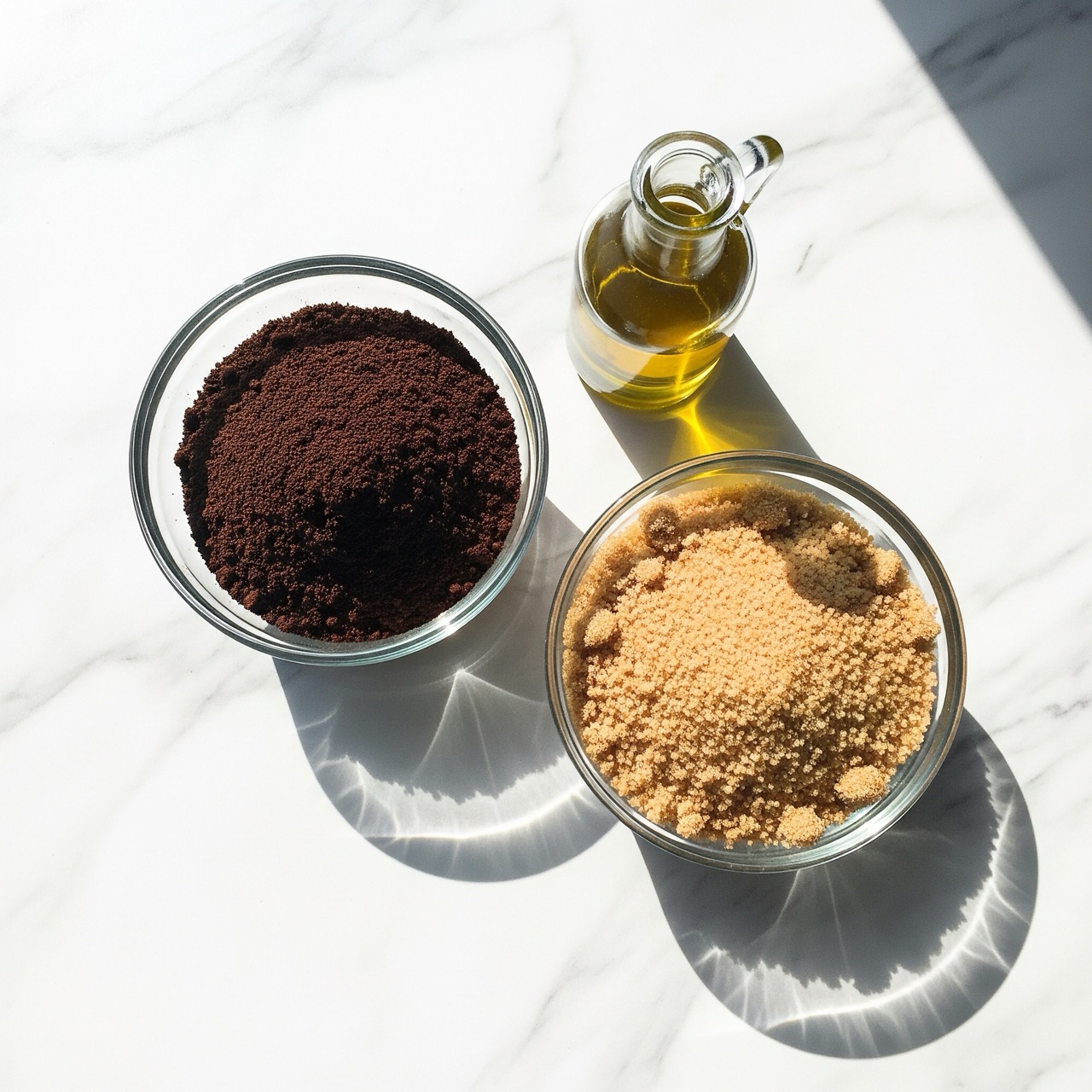 Ingredienti naturali per creare ricette fai-da-te a rifiuti zero, come aceto, bicarbonato, fondi di caffè e argilla bianca.