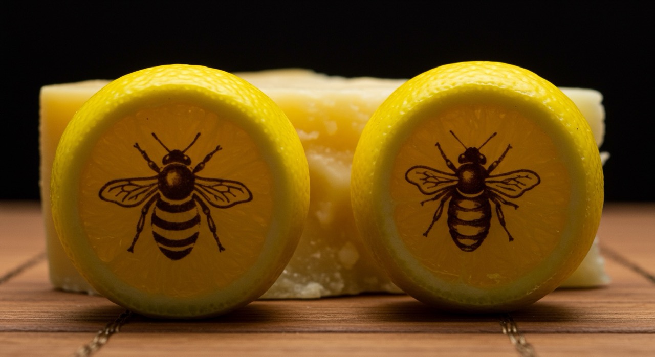 Fotografia macro, close-up, di un pezzo di formaggio Parmigiano e mezzo limone avvolti con cura in due diversi involucri in cera d'api colorati, uno giallo e uno con un motivo a nido d'ape. Lo sfondo è un tagliere di legno scuro. Luce calda e definita che evidenzia la texture della cera. Stile fotorealistico e appetitoso.