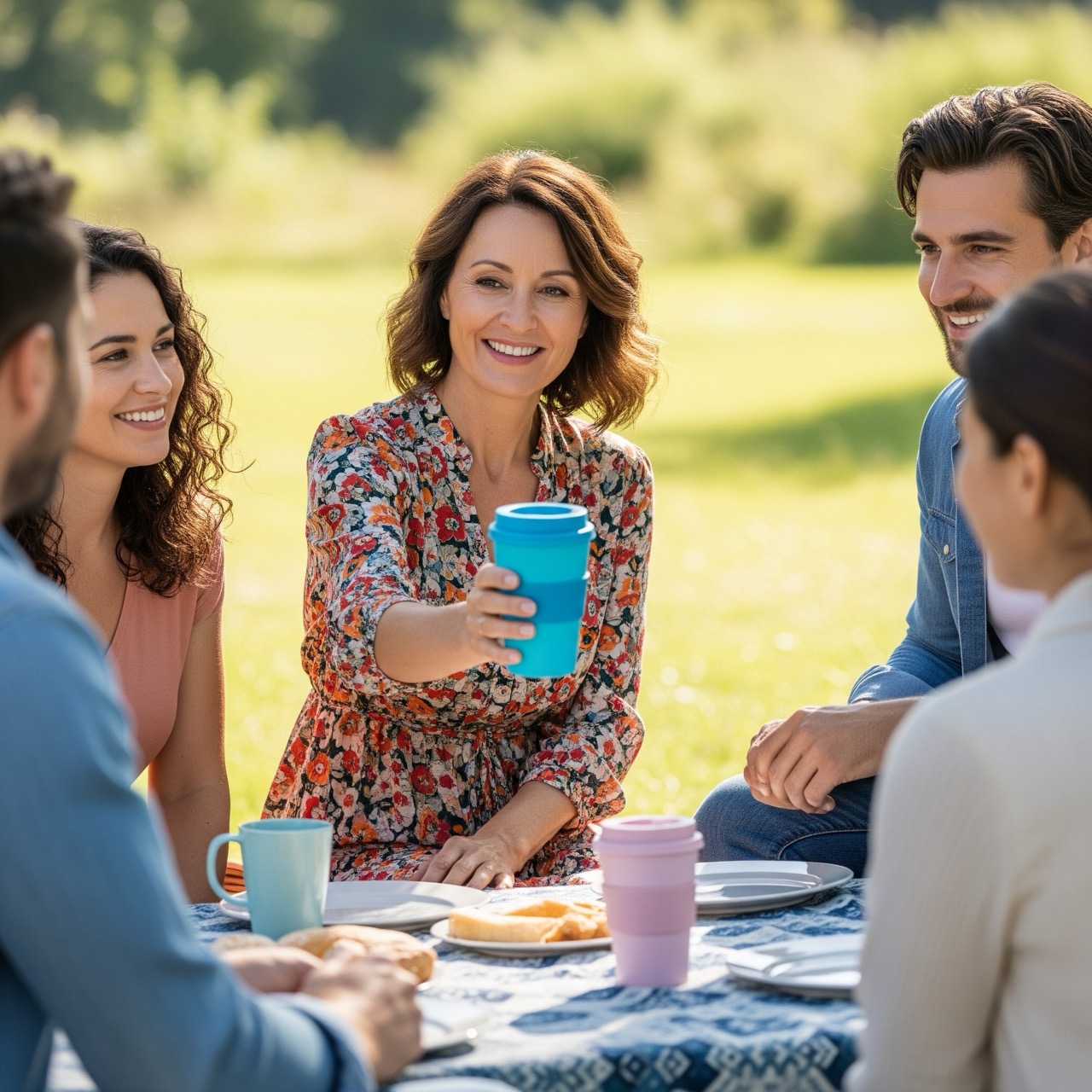 Donna sorridente che mostra la sua tazza da caffè riutilizzabile, un esempio di come gestire le abitudini a rifiuti zero con la famiglia e gli amici.