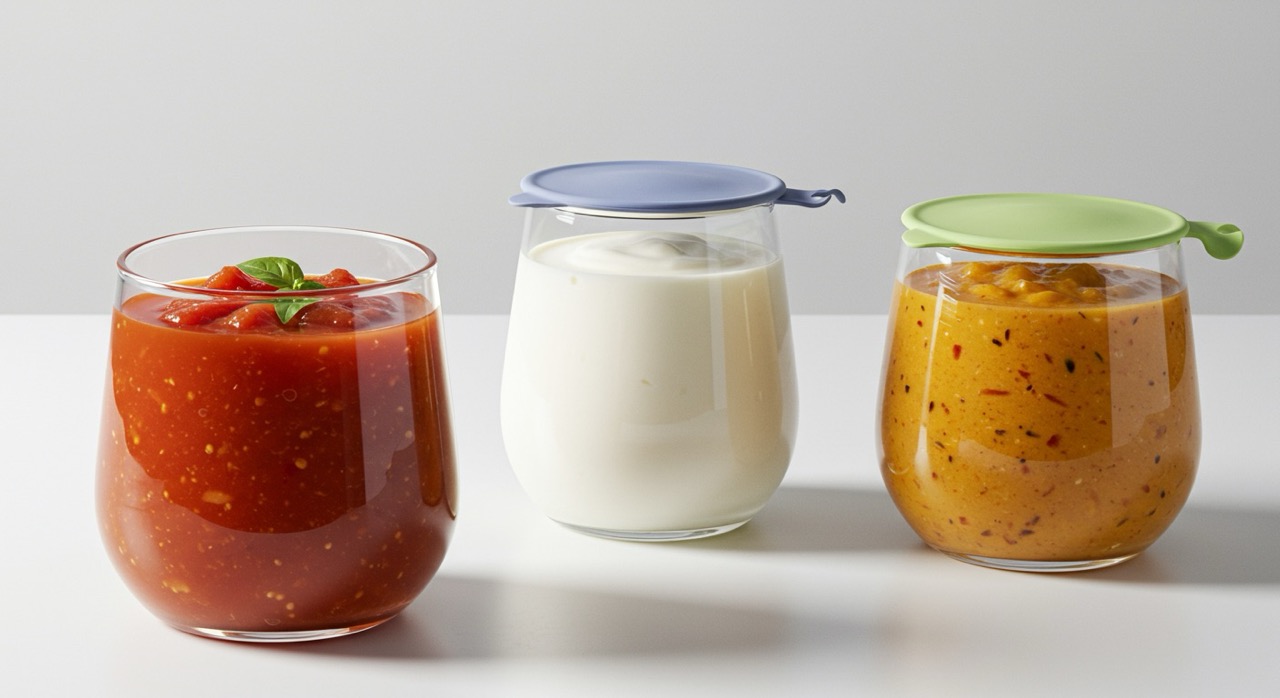 Foto dinamica e pulita. Una serie di tre ciotole di vetro di diverse dimensioni, impilate in modo sfalsato. La prima contiene una zuppa di pomodoro rosso vivo, la seconda dello yogurt bianco e la terza una macedonia colorata. Ognuna è sigillata perfettamente con un coperchio in silicone estensibile di misura diversa. Sfondo bianco e minimale. Luce brillante da studio.