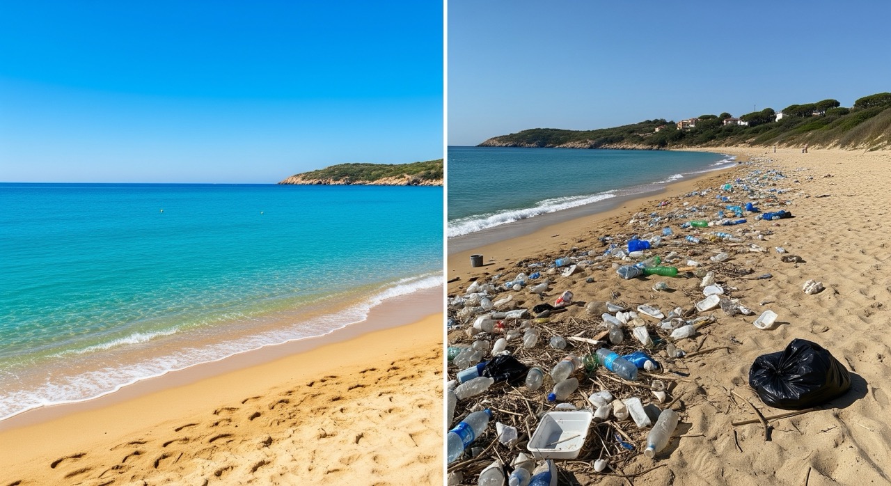 onto visivo tra una spiaggia pulita e una spiaggia inquinata dalla plastica, a dimostrazione dell'impatto dei rifiuti sull'ambiente.